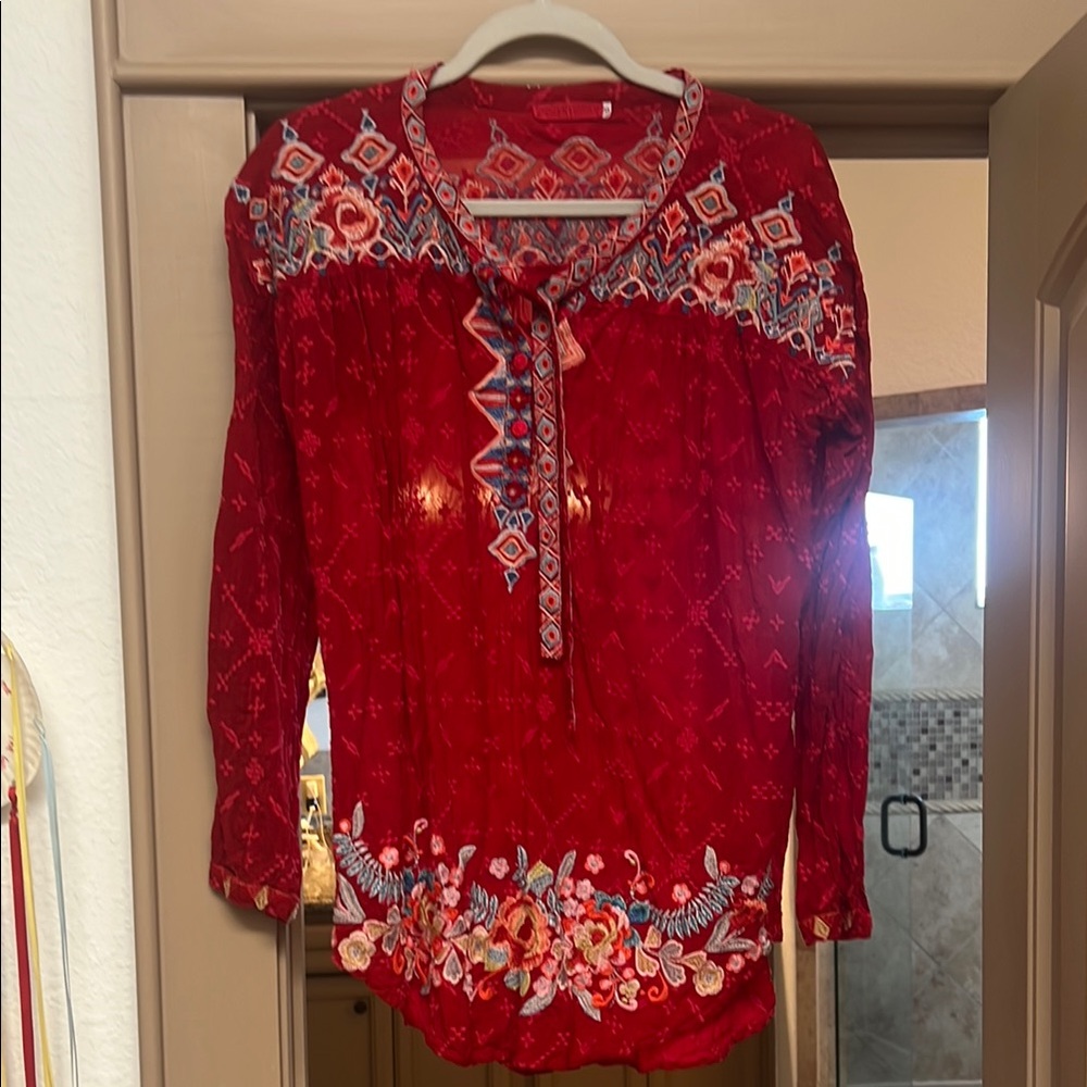 Johnny Was Red Embellished Tunic with 3/4 Sleeves
